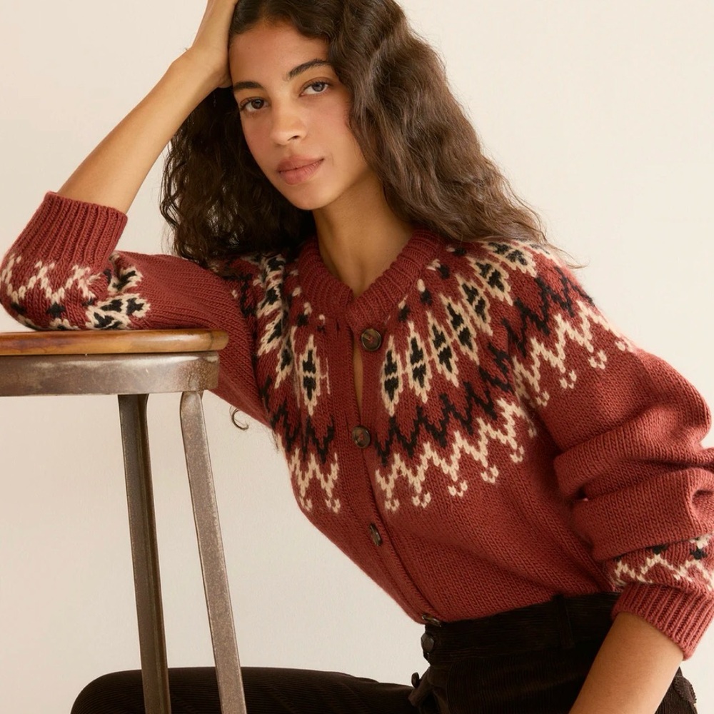 Doen Heirloom Clarke Cardigan Burgundy Olympia Fair Isle xs